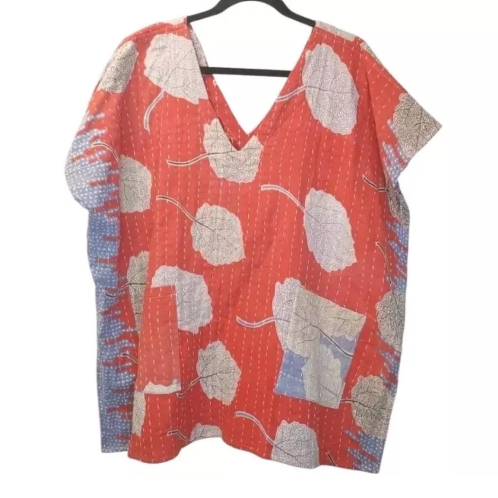 Kantha Patchwork Kimono V-neck Poncho Top Colorful Patch Pockets Woman One Sz #Y